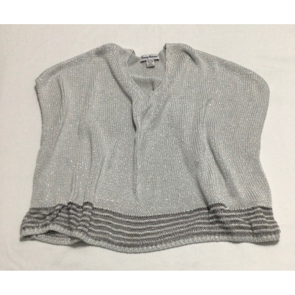 Tommy Bahama Silver Metallic Knit Poncho Sweater XL V-Neck Shimmer Striped Hem